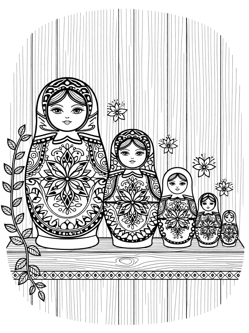 A set of nesting dolls arranged in size order on a shelf.