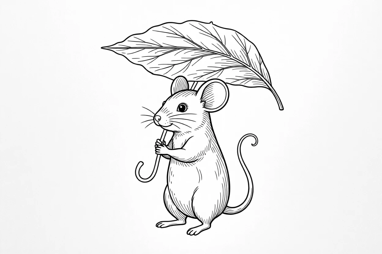 A tiny mouse wearing a leaf as an umbrella