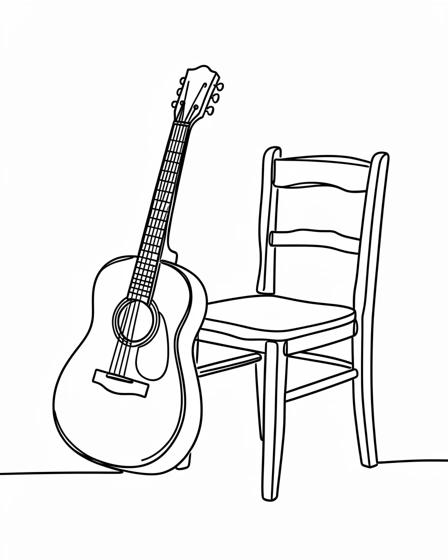 A weathered acoustic guitar leaning against a rustic wooden chair