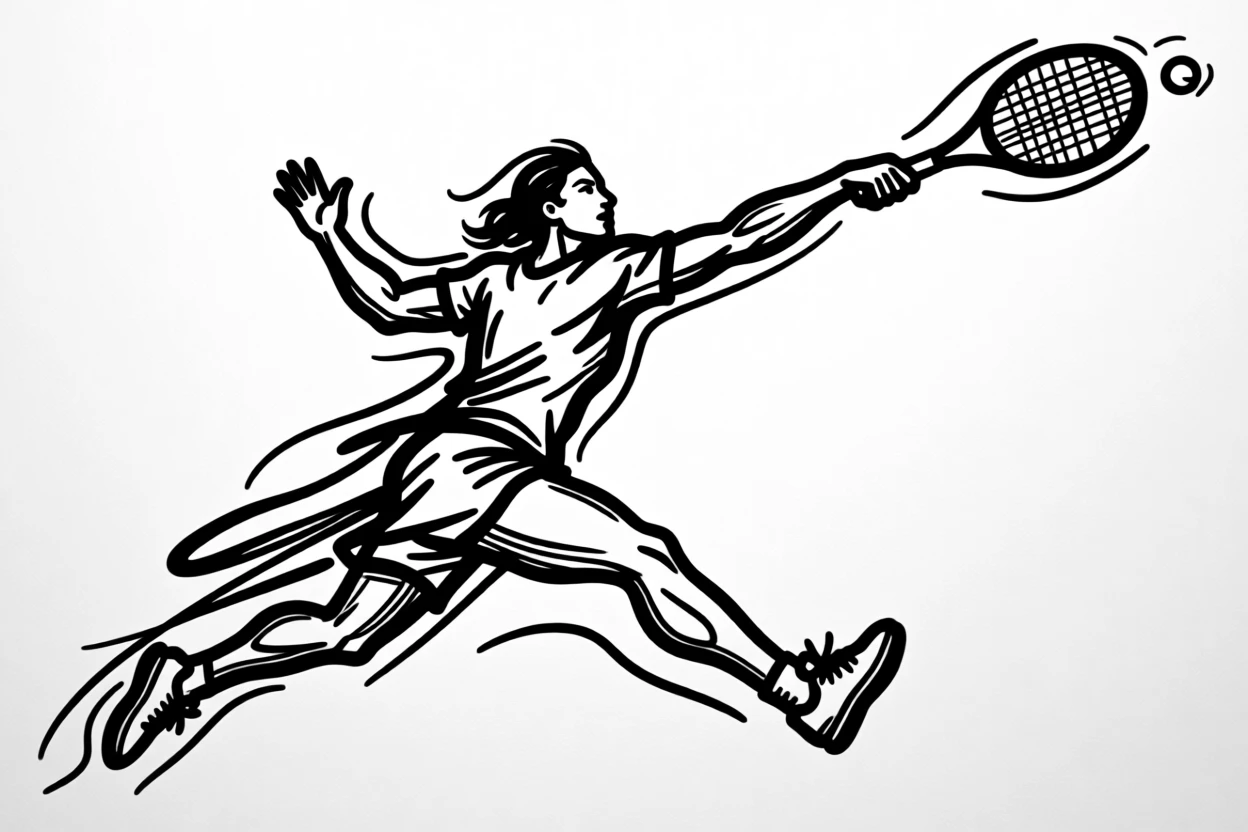 A tennis player leaping to return a powerful serve.
