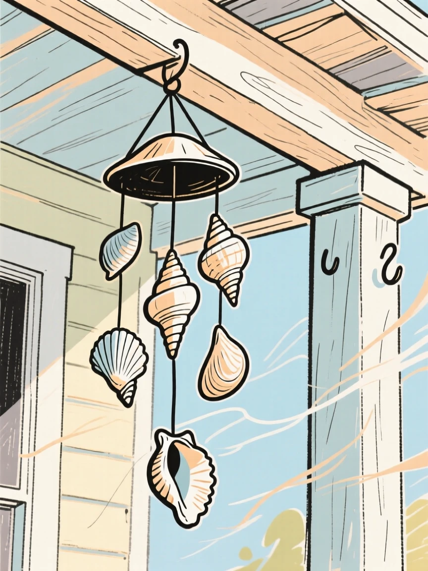 A wind chime made of seashells hanging on a porch in the breeze.