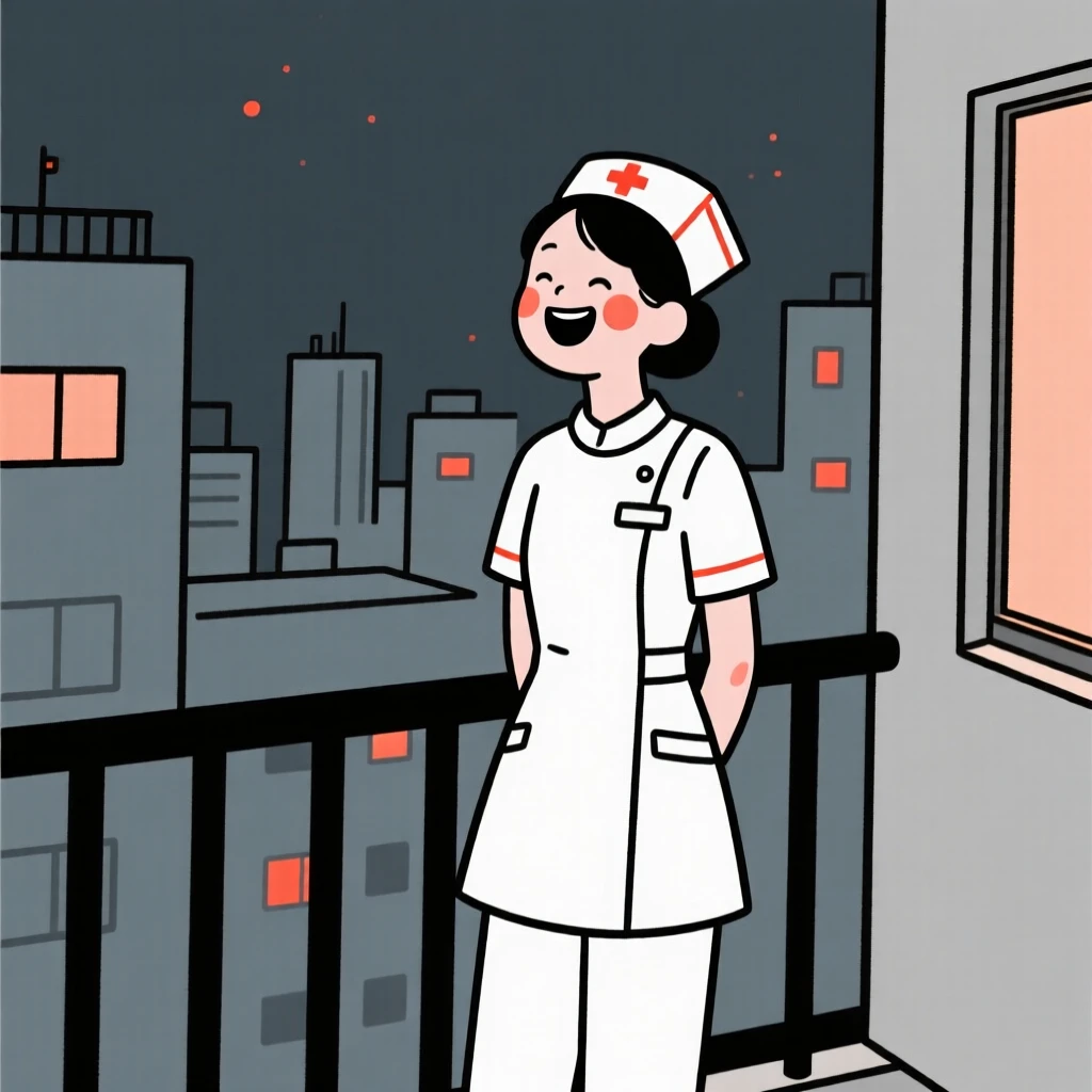 A nurse smiling at the end of a long day, laughing joyfully, on a city balcony at night.