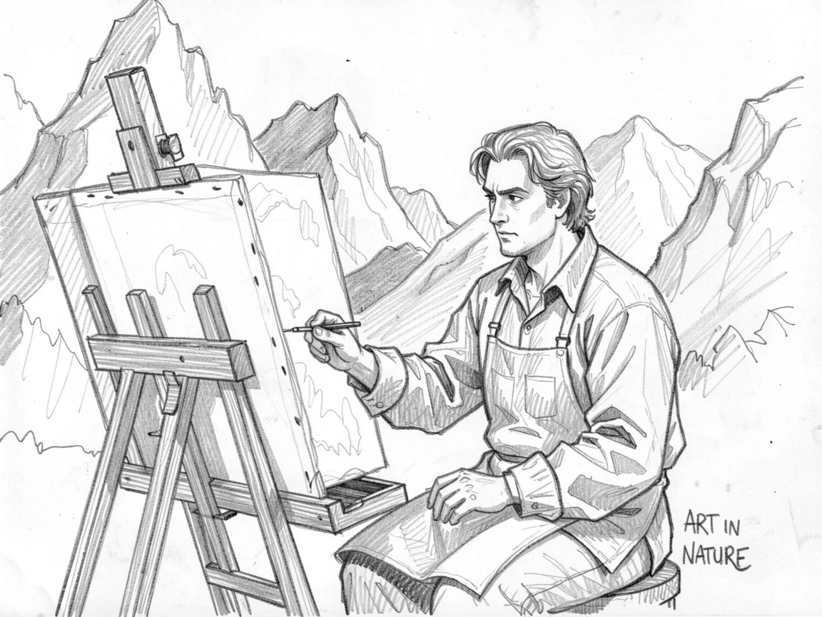 A painter working at an easel outdoors, against a dramatic mountain backdrop, with total calm and concentration.