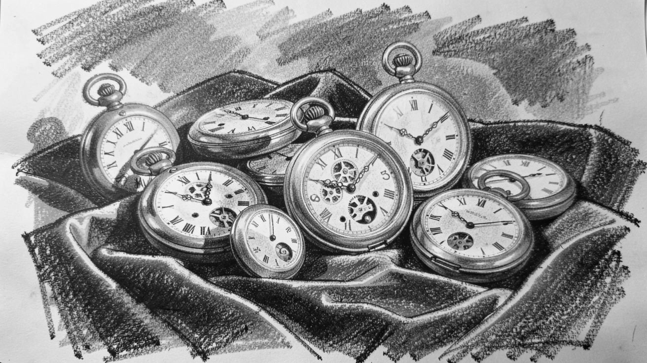 A collection of antique pocket watches on a velvet cloth, as golden afternoon sun spills across the scene.
