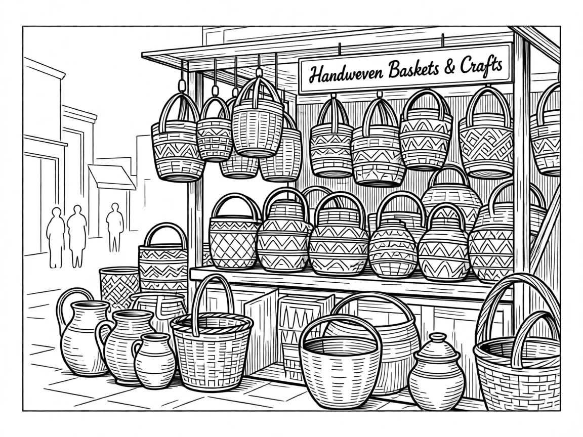 A vibrant street market filled with handwoven baskets and traditional crafts.