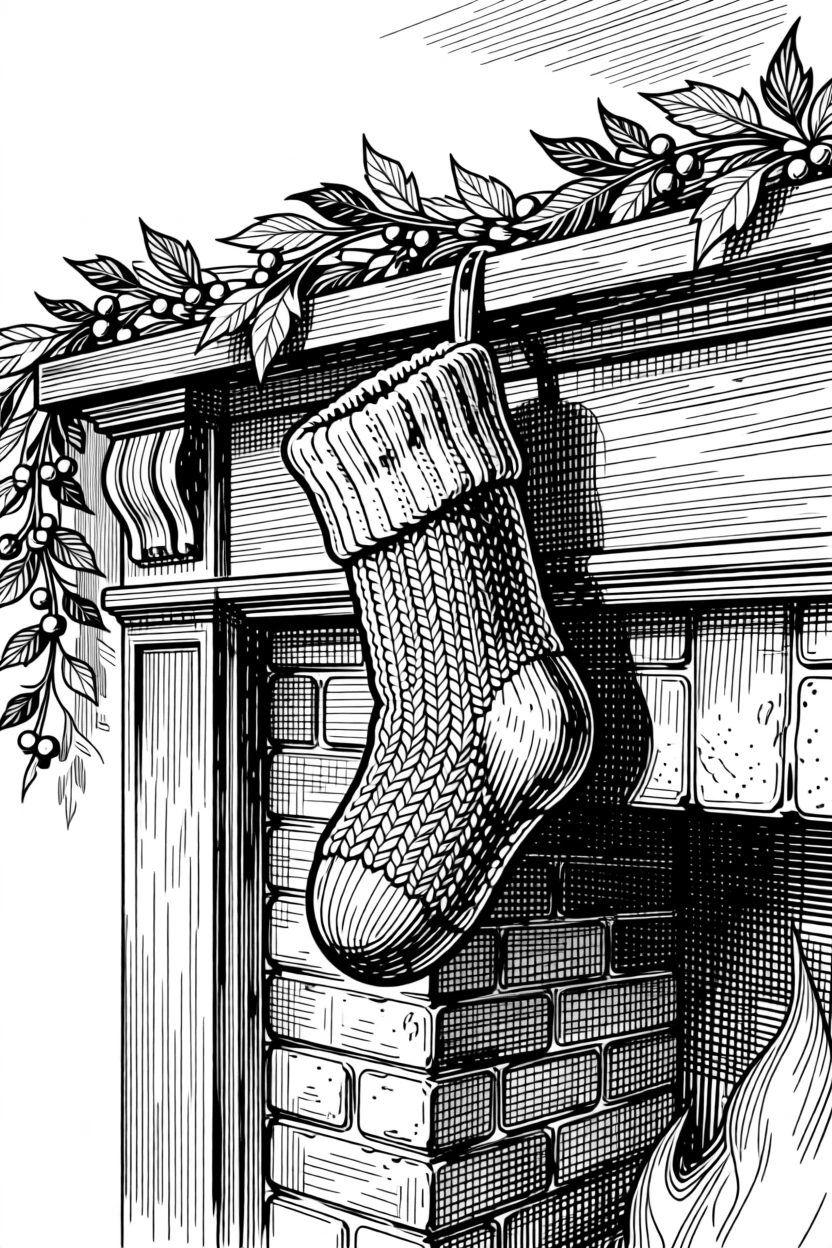 A cozy stocking hung by a fireplace under a sky painted with the colors of a harvest sunset, with garlands draped along a wooden railing, capturing a richly comforting seasonal moment.
