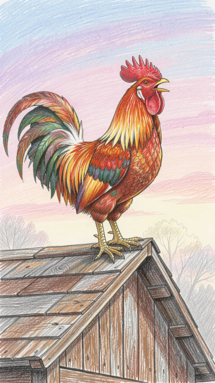 A colorful rooster crowing atop a rustic barn roof at dawn, with delicate details that reward a closer look, evoking nostalgia and a deep sense of contentment.