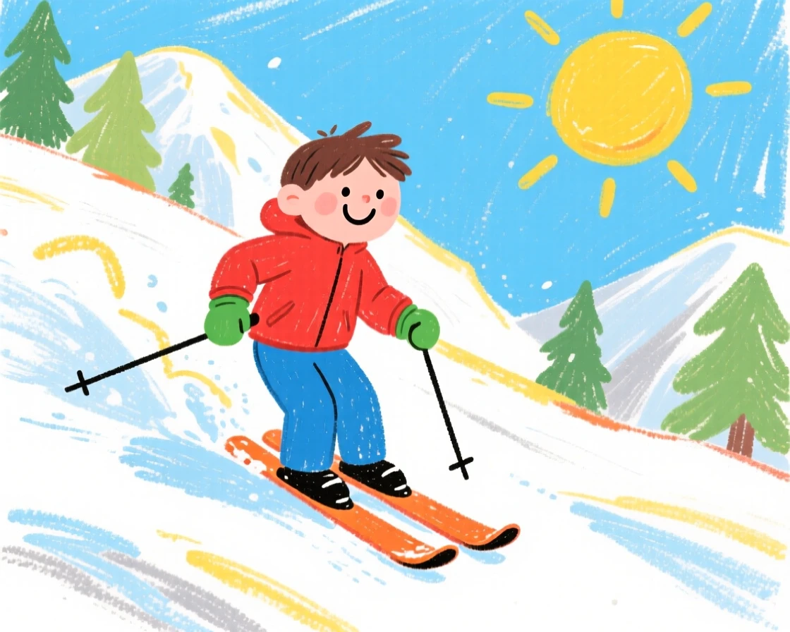 A skier carving fresh powder down a sunlit mountain slope.