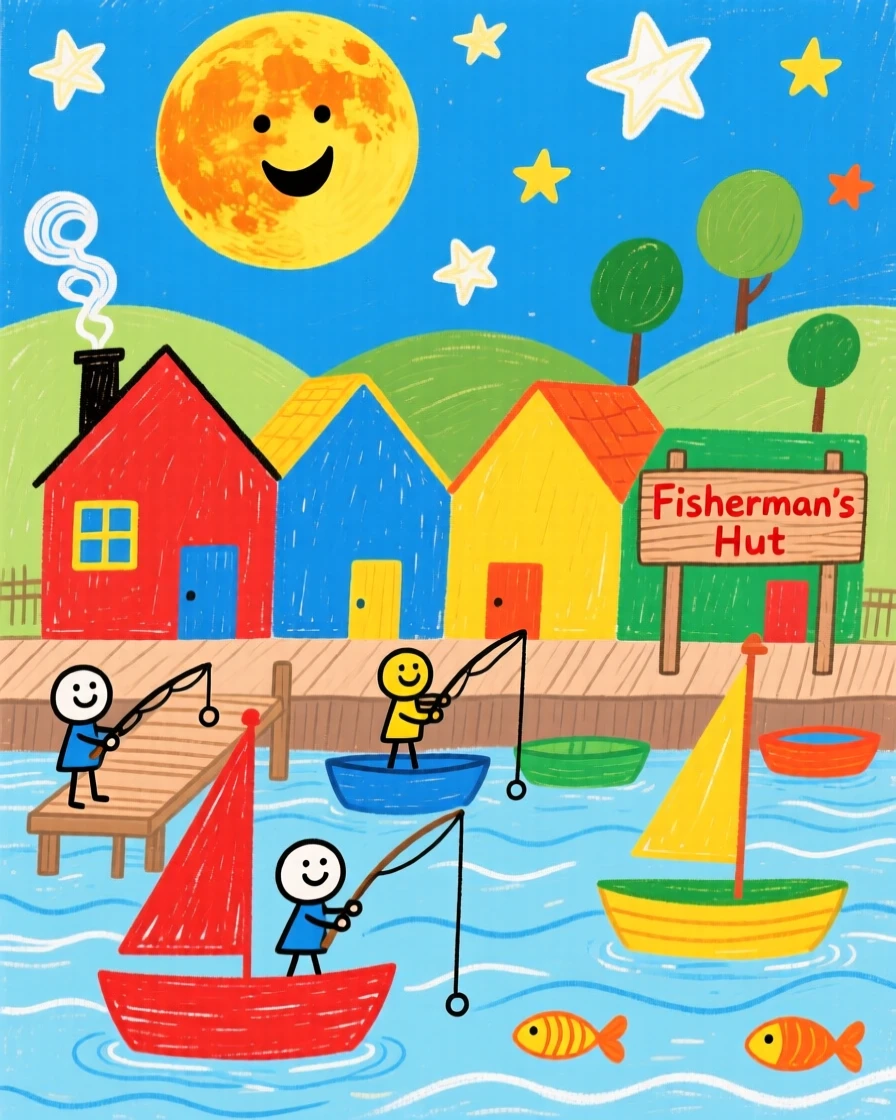 A small fishing village harbor beneath a full harvest moon.