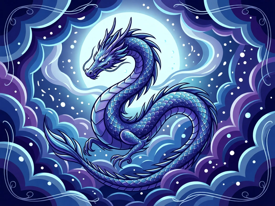 A celestial dragon coiling gracefully through swirling galaxy clouds, surrounded by a magical mist glowing faintly in the moonlight, framed to evoke a sense of magic and enchantment, with subtle magical particles drifting through the air.