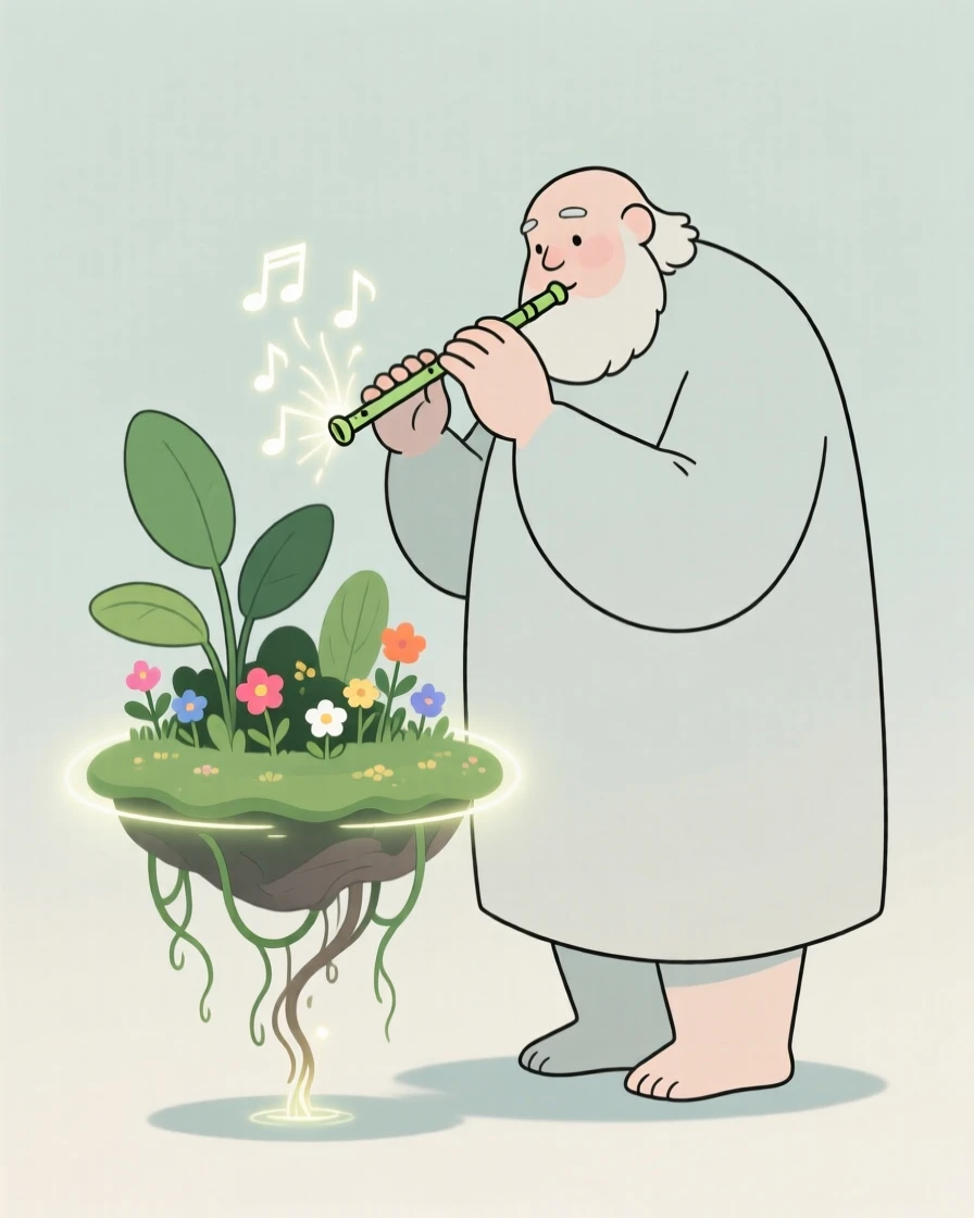 A gentle giant playing a magical flute near a floating garden.