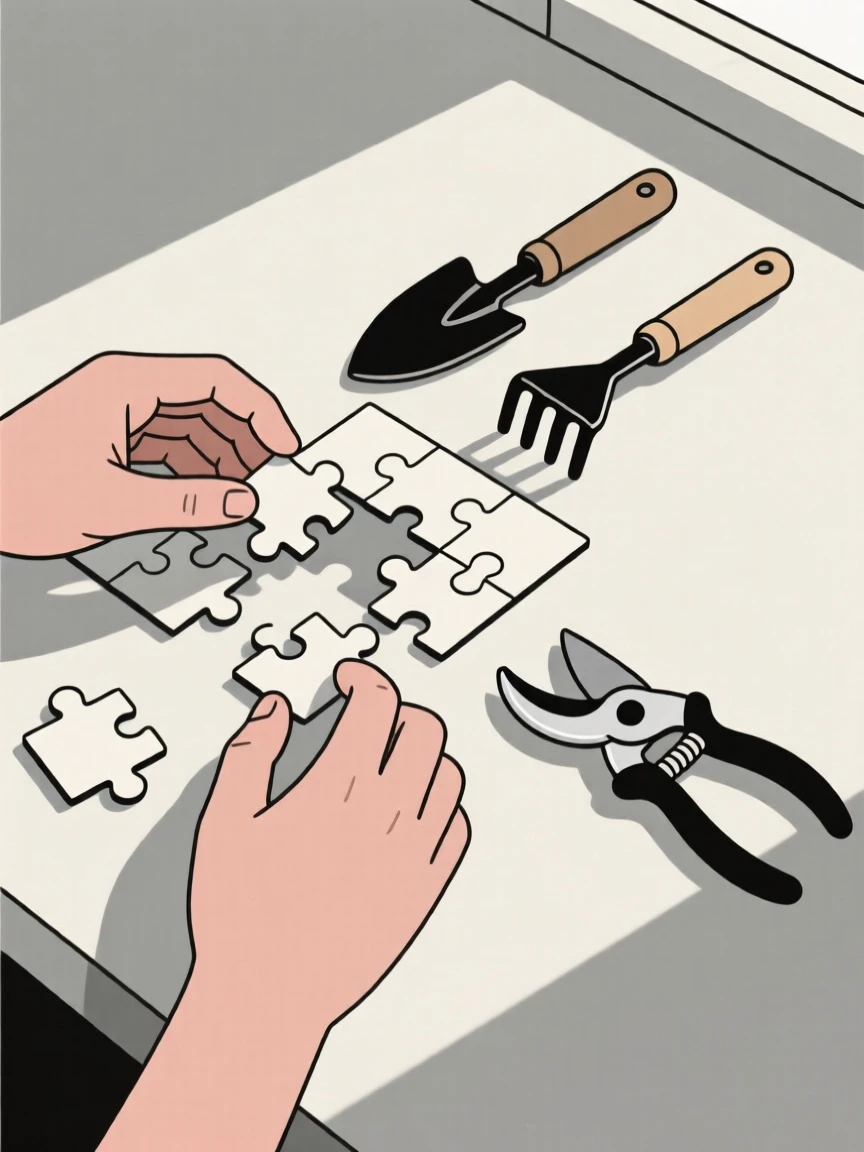 A close view of hands assembling a jigsaw puzzle near gardening tools in a sunlit studio, full of focused calm.