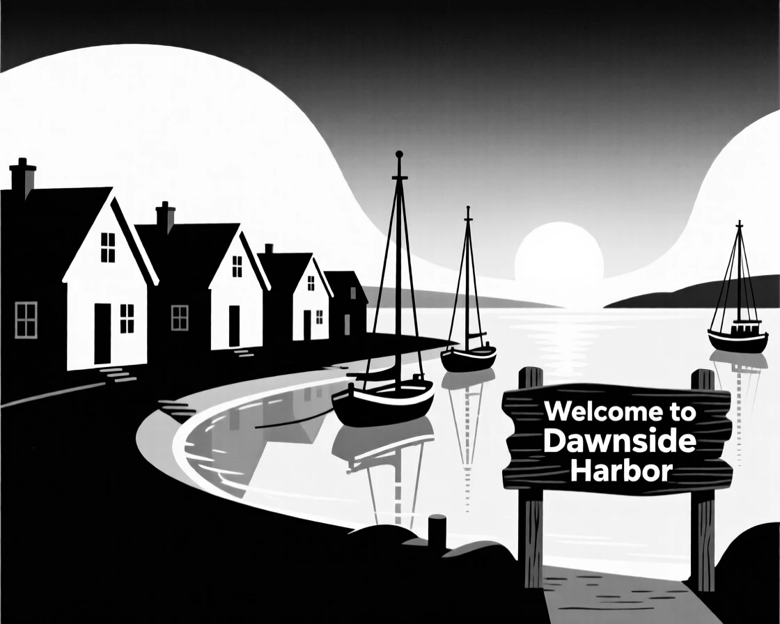 A small fishing village at dawn.