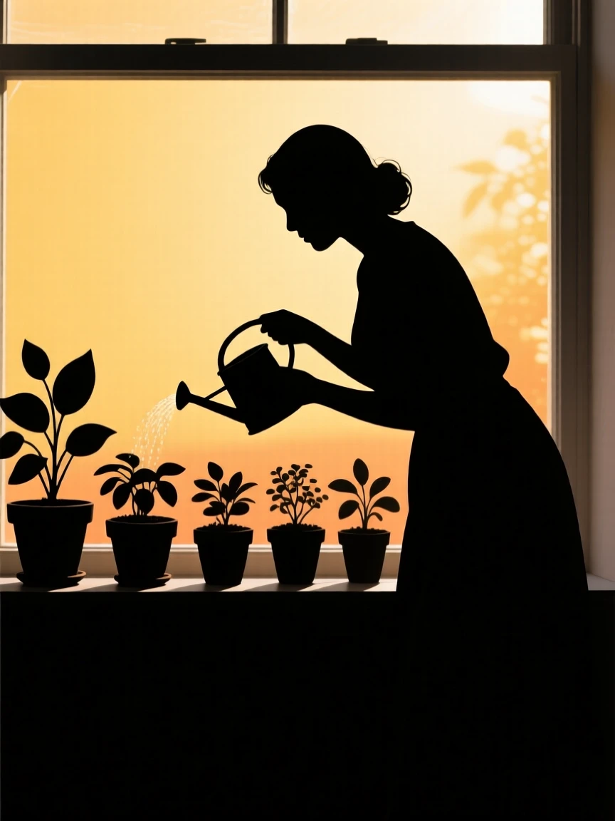 A mother watering a row of potted plants on a sunlit windowsill.