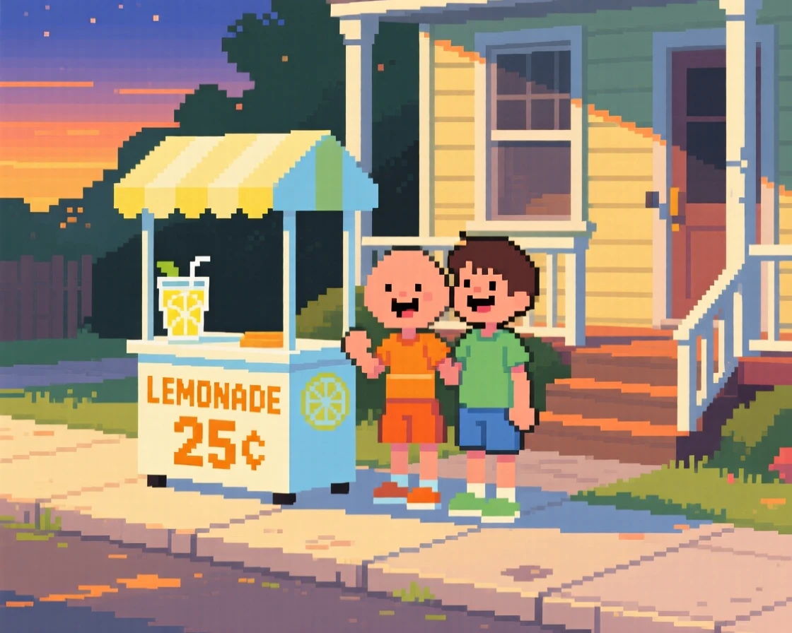 A lemonade stand on a sunny sidewalk laughing together on a warm summer evening, on a porch during a warm summer night.