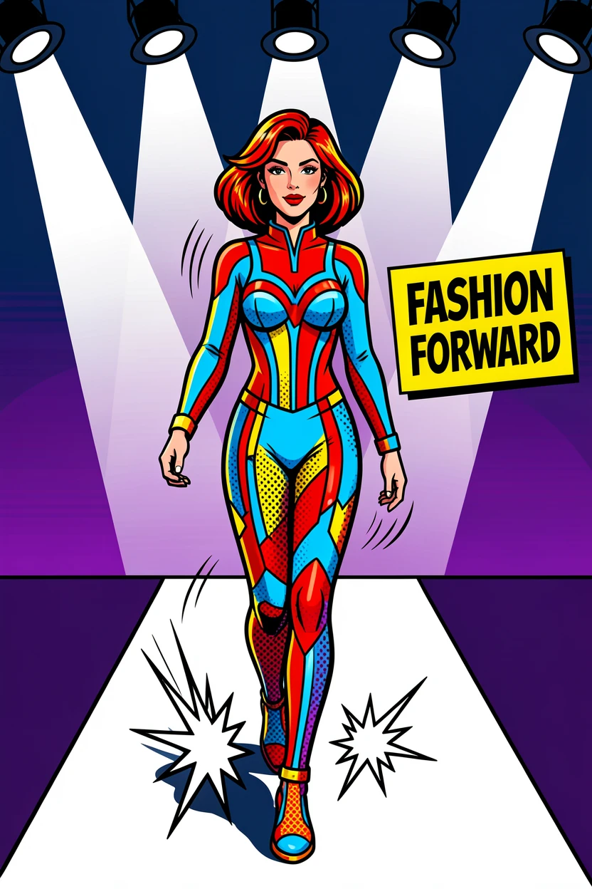 A model striding confidently down a runway under clear lights