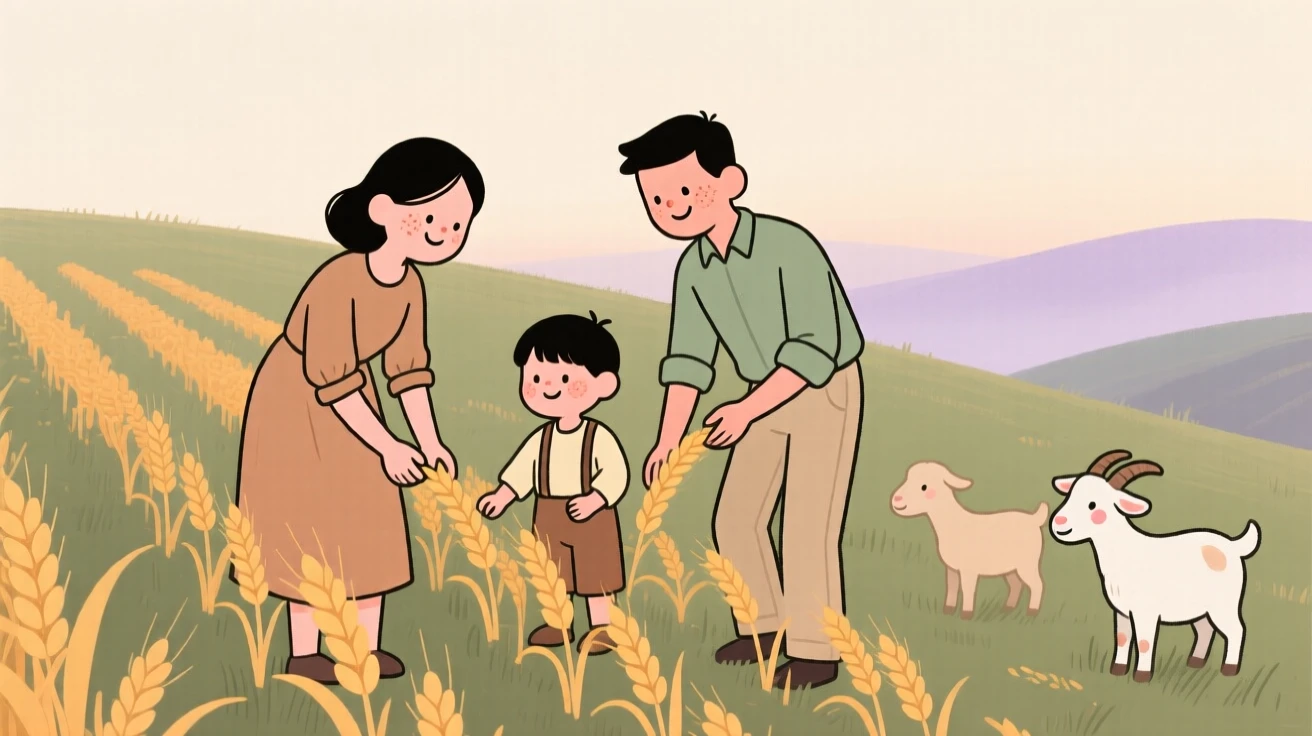 A small family tends rows of golden wheat on a hillside field as goats wander nearby and the morning mist begins to lift.
