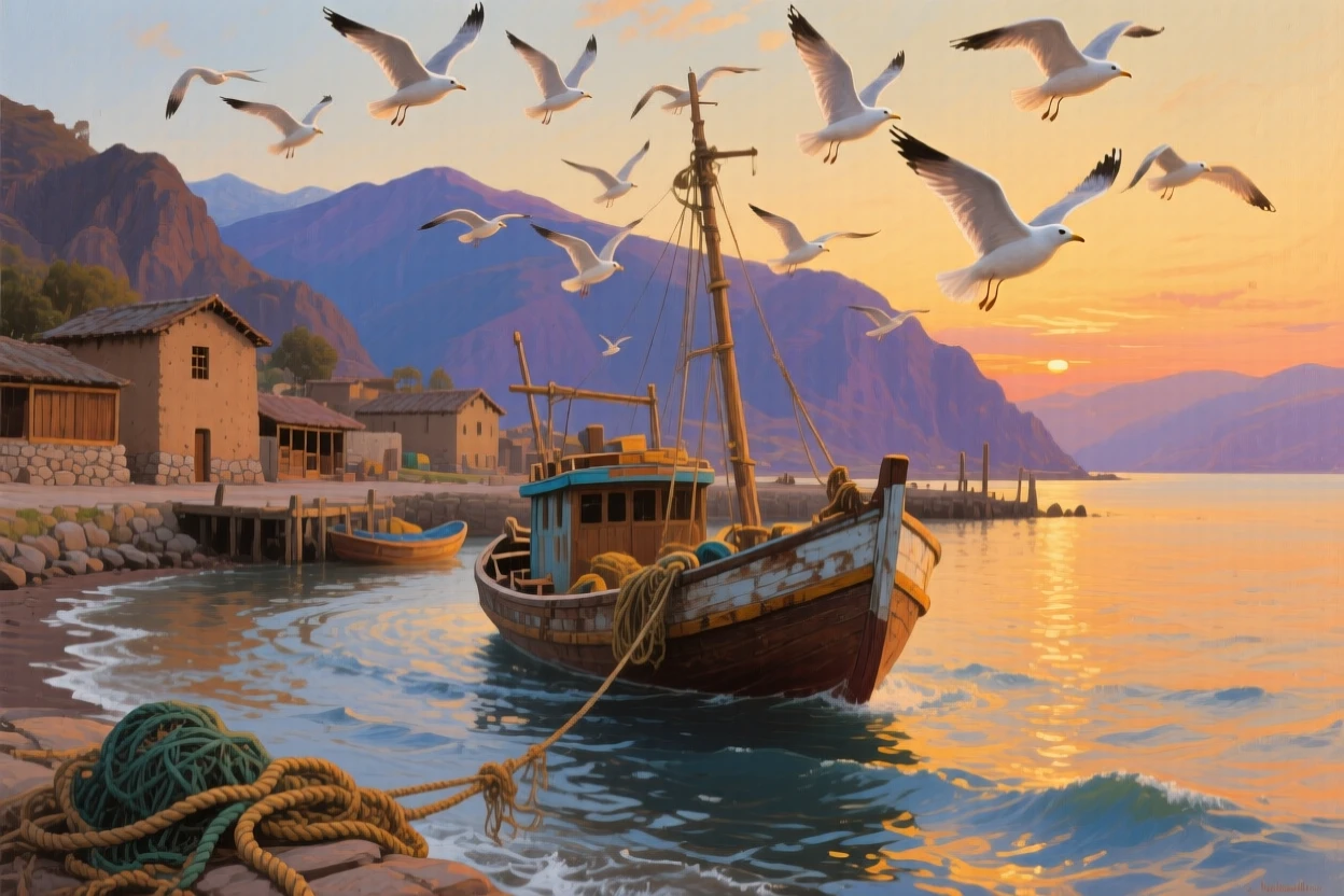A balanced composition of a fishing boat returning to harbor as gulls circle overhead, in a Peruvian Andean village, at dusk, in bright warm sunshine.
