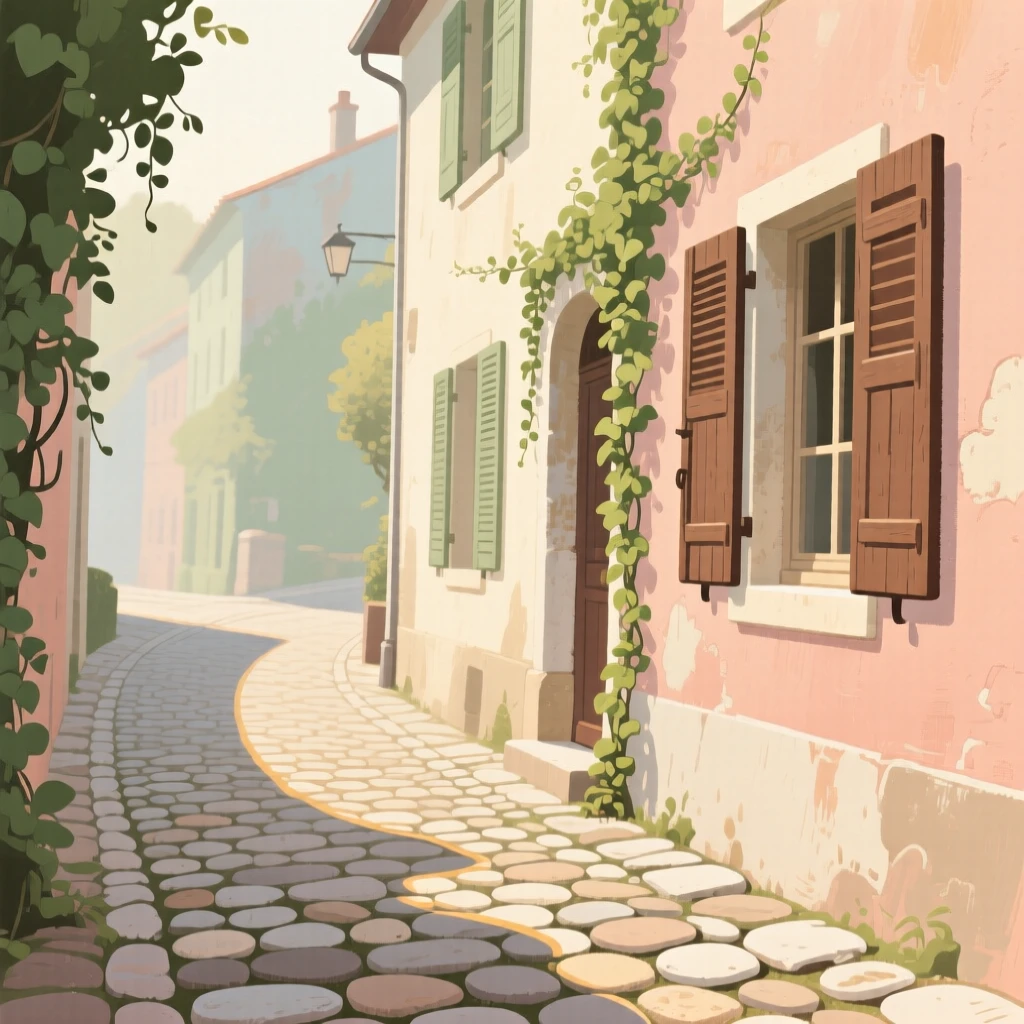 A quiet cobbled lane winding past shuttered windows and ivy-covered walls