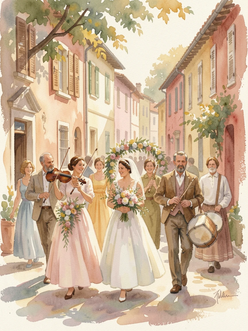 A traditional wedding procession with musicians and flowers with joyful music filling the air.