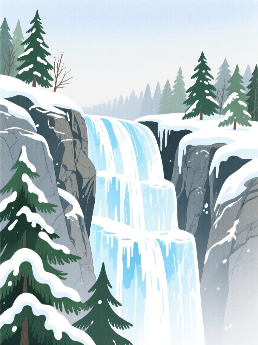 A frozen waterfall cascades in icy layers down a rocky cliff surrounded by snow-laden evergreen trees