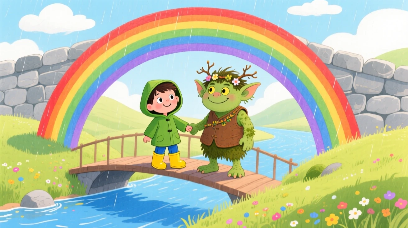 A small boy in rain boots and a friendly troll under a bridge exploring a rainbow bridge between two hills together.