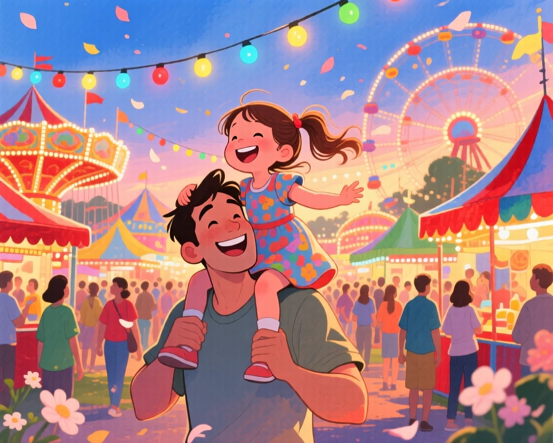 A father carrying his daughter on his shoulders through a fair, in a bustling carnival lit with colorful lights, with flower petals drifting through the air, joyful parental affection.