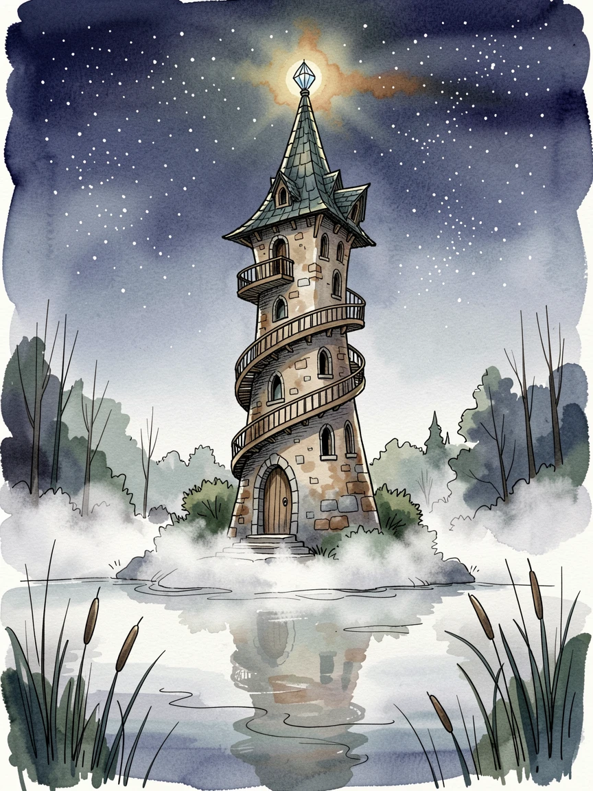 A wizard's tower rising from a misty lake under a sky full of stars, an air of wonder and quiet mystery throughout.