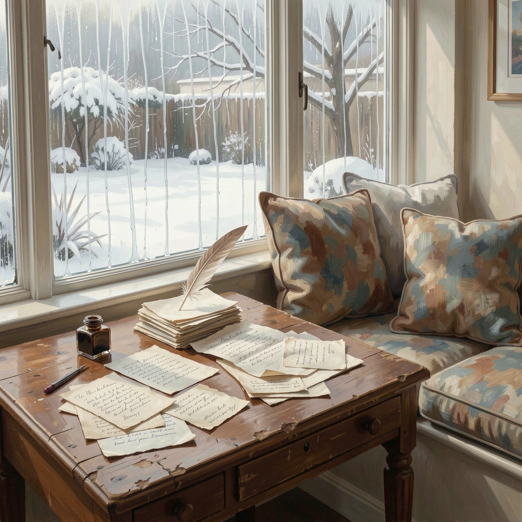 Beside a wooden desk cluttered with letters and ink, a window seat overlooking a snowy garden, rain tracing slow paths down the windowpane, on a lazy Sunday morning.