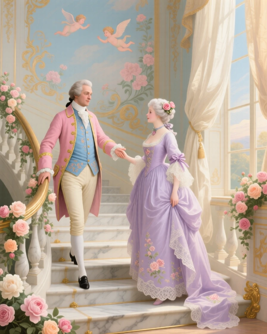 A gentleman offering his hand to a lady on a marble staircase  