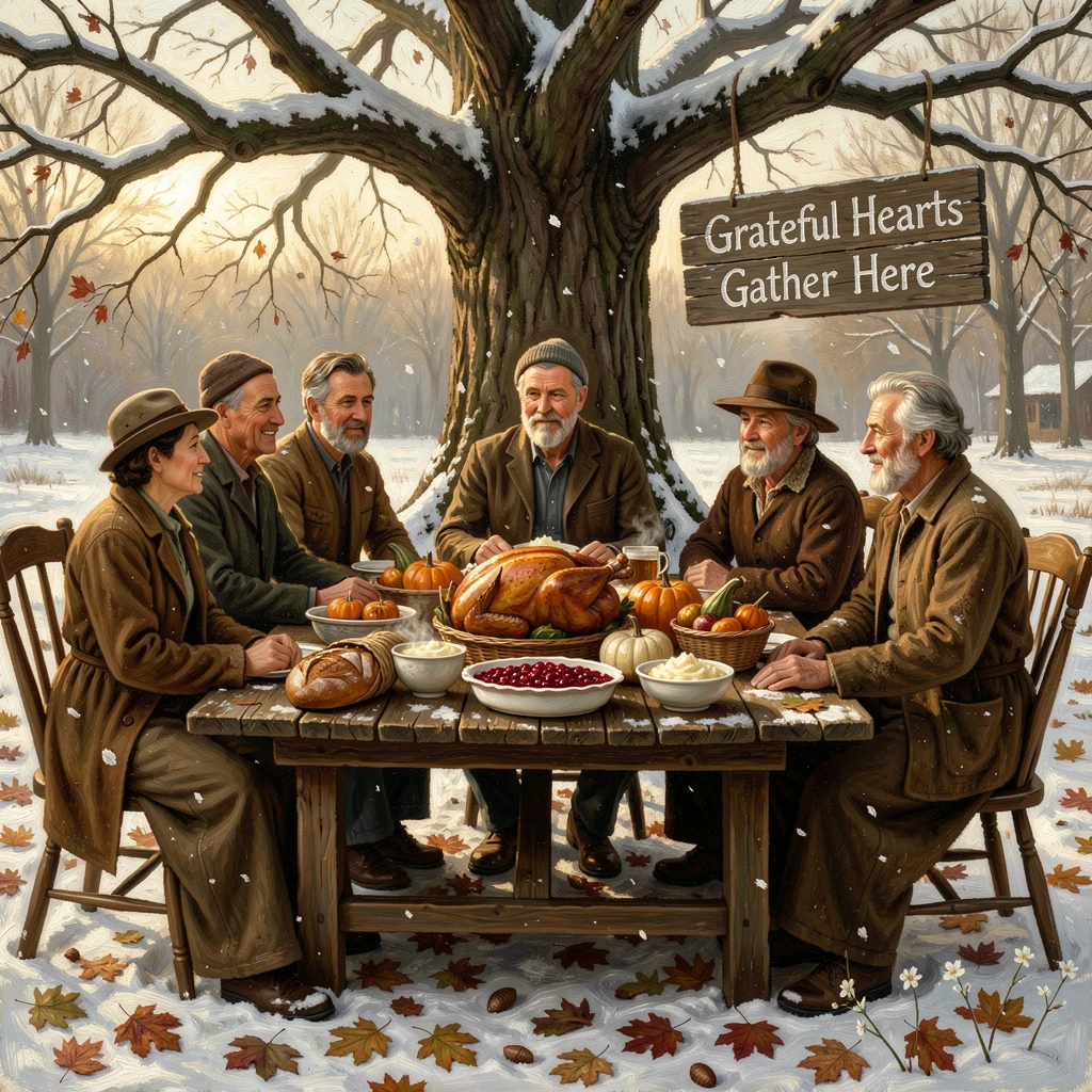 A family gathered around a Thanksgiving table piled high with food, with authentic seasonal textures like snow, leaves, or blossoms, radiating comfort, celebration, and heartfelt togetherness