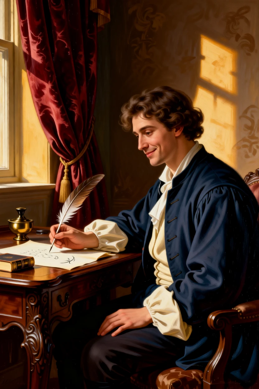 A poet lost in thought with quill hovering over parchment captured in a quiet, introspective moment, set in a sunlit drawing room with heavy velvet curtains, with a faint, knowing smile just touching the corner of the mouth; the pose is turned gently off-center for a natural, candid feel, radiating warmth, humility, and lived experience.