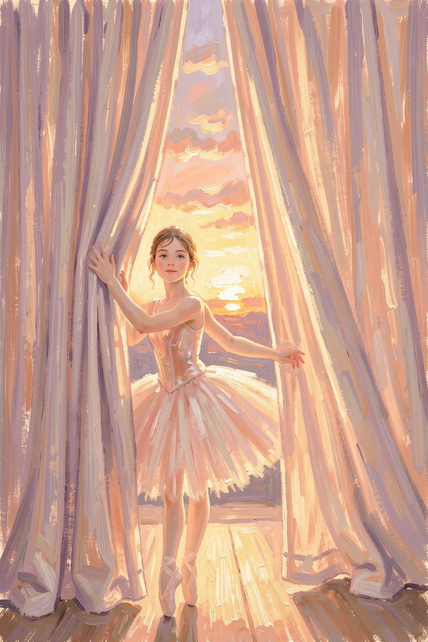 A young ballerina peeking through stage curtains before her first performance, under a glowing sunset sky, radiating serenity and gentle stillness.