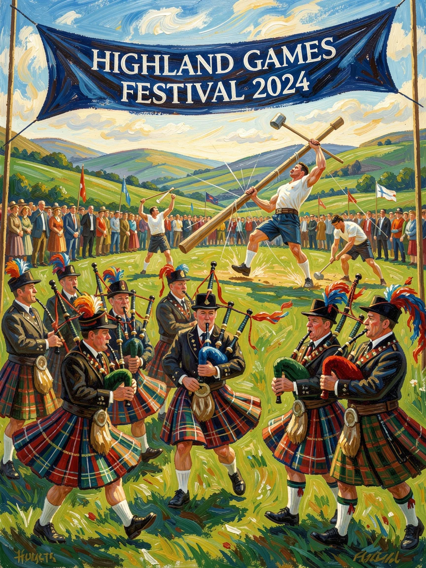 A grand Scottish Highland games gathering with dancers, pipers, and athletes competing.