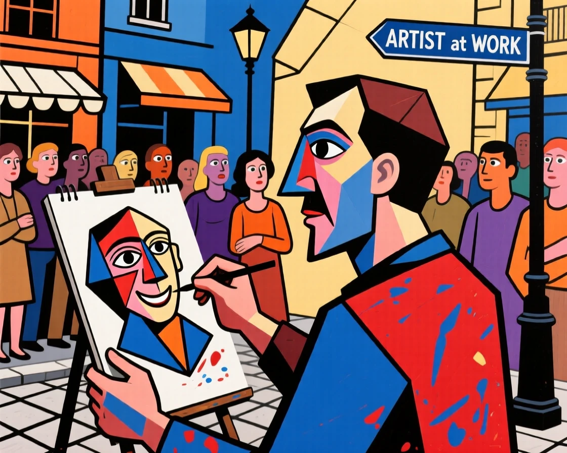 A street artist sketching a lively portrait for a curious crowd of onlookers.