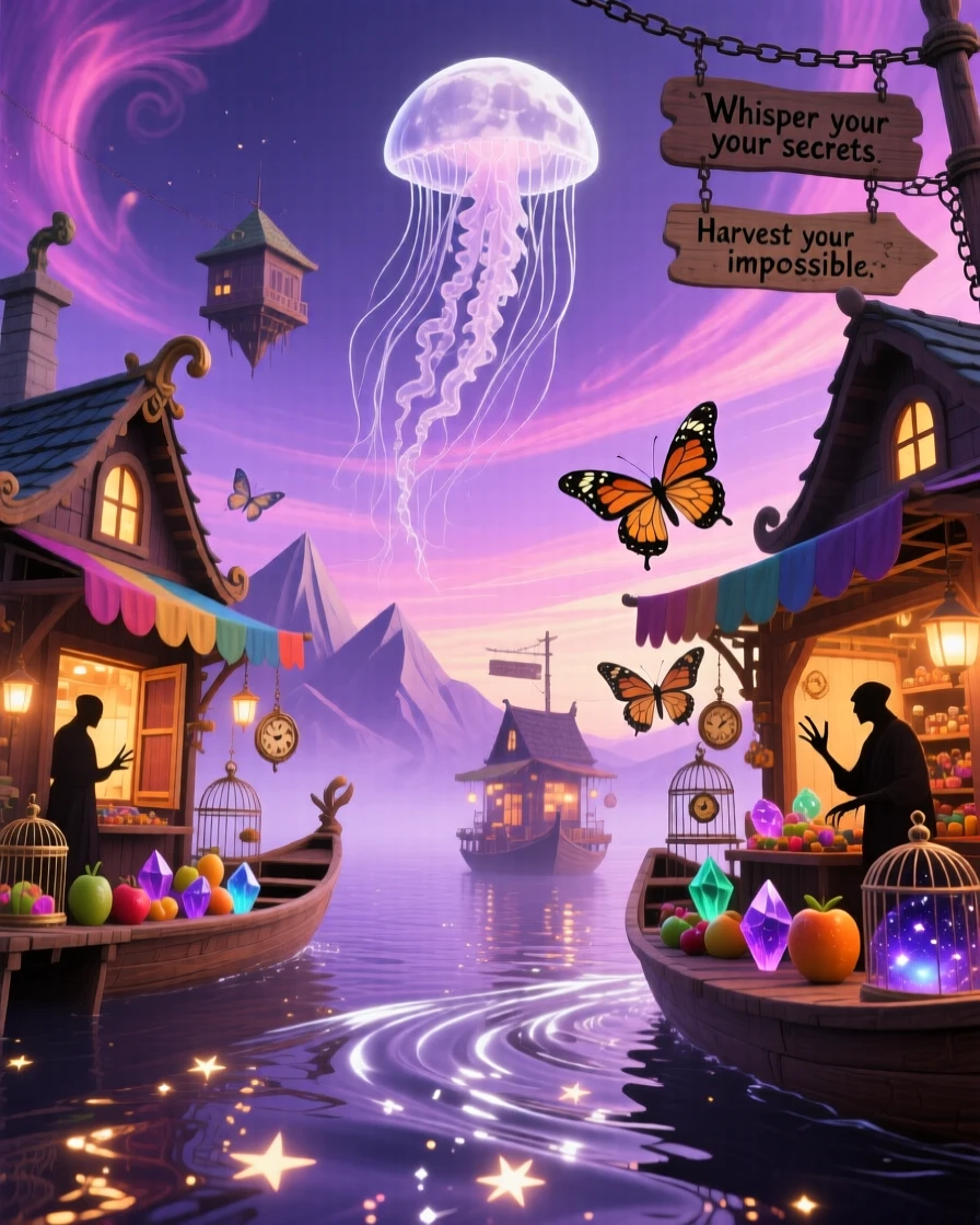 A floating market where stalls drift gently past one another drifts slowly across a lavender horizon, as tiny lights flicker on in its windows one by one.