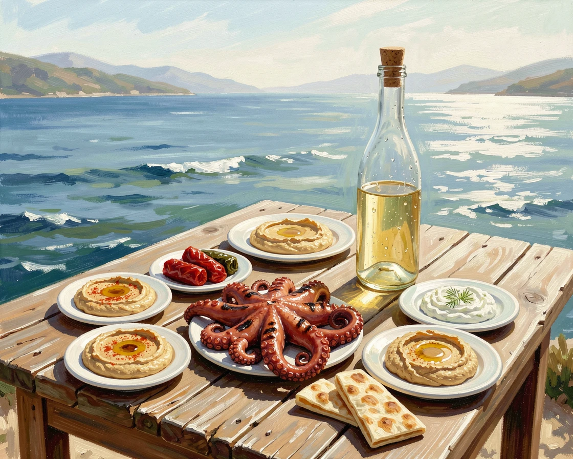 A rustic Greek taverna table displays a colorful spread of mezze, grilled octopus, and a chilled carafe of white wine overlooking the sea, natural light gently highlighting the colors and shapes of the dish from above.