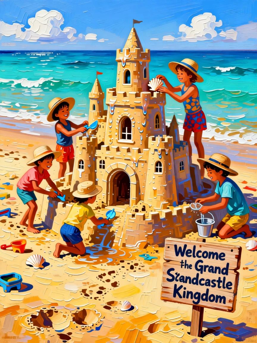 A group of children building an elaborate sandcastle together on a sunny beach