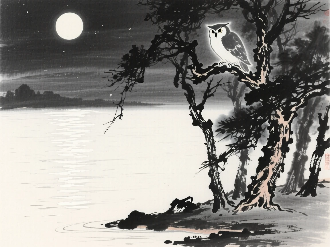 Moonlight glimmers softly across the surface of a still lake, as an owl calls from somewhere deep in the trees.