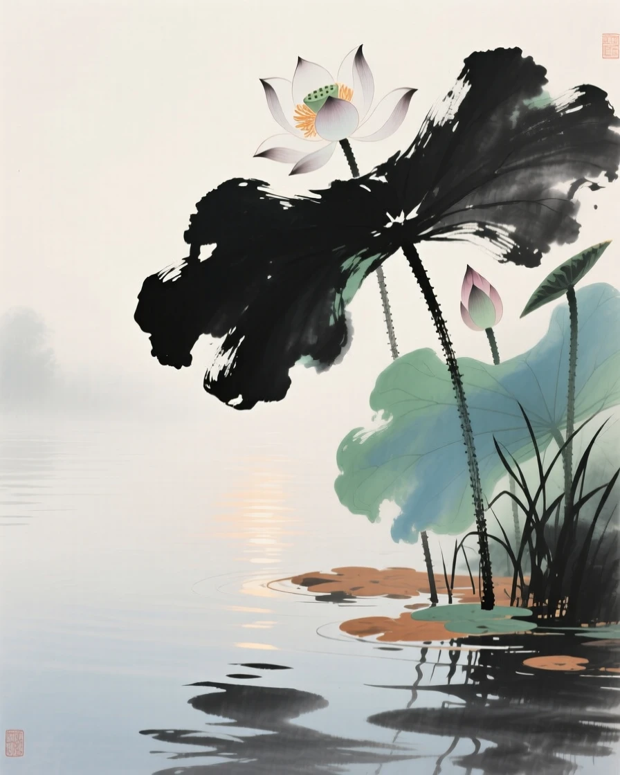 Lotus flowers opening at first light above a still pond, in the height of summer.