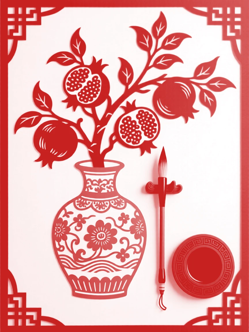 A pomegranate branch arranged in an antique porcelain vase, beside a scholar's brush and inkstone.