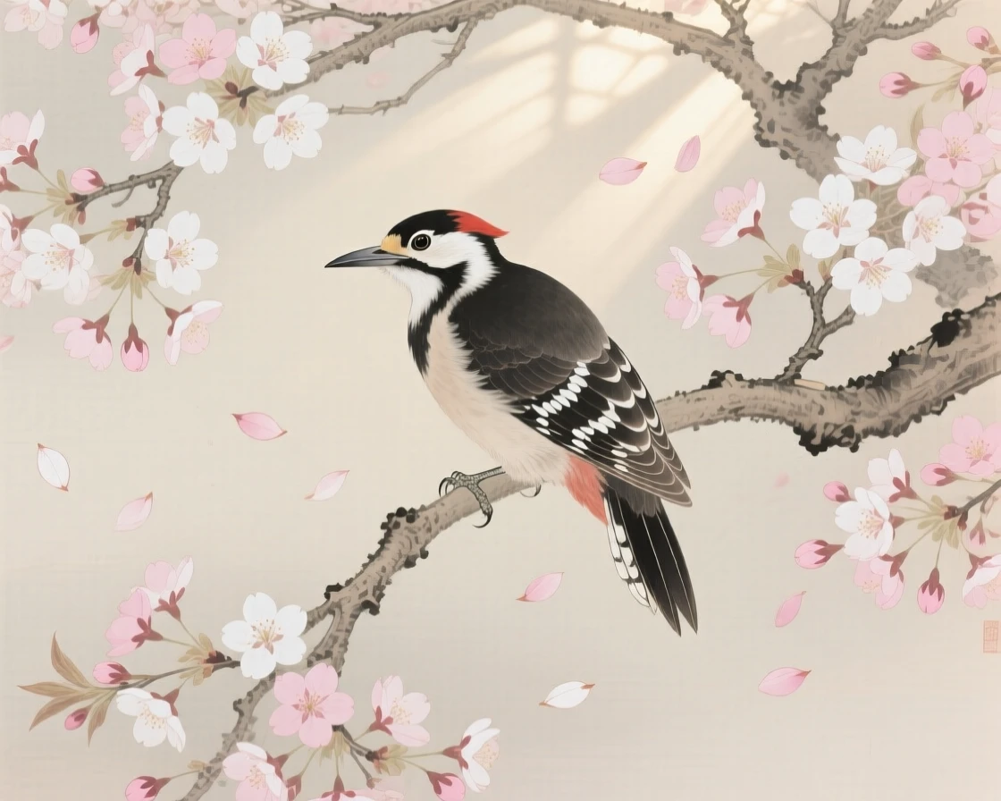 A woodpecker surrounded by falling cherry blossom petals, soft morning light filtering through the branches