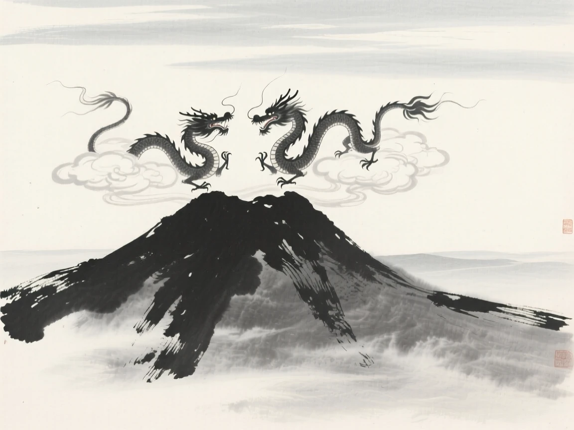 A pair of cloud dragons circling a distant mountain summit, framed to emphasize scale against a vast open sky, evoking wonder, myth, and quiet reverence.