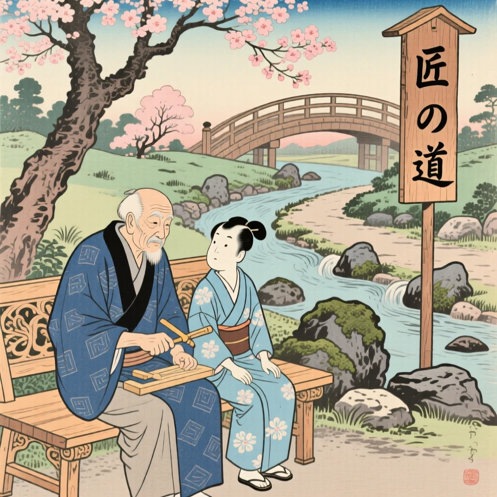 An elderly craftsman and his apprentice sharing a quiet moment on a garden bench.