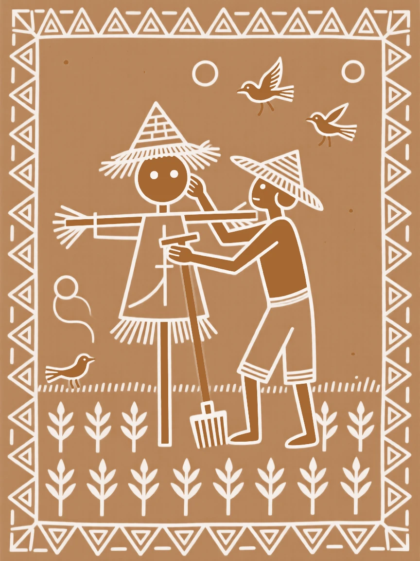 A farmer building a scarecrow to protect the crops.
