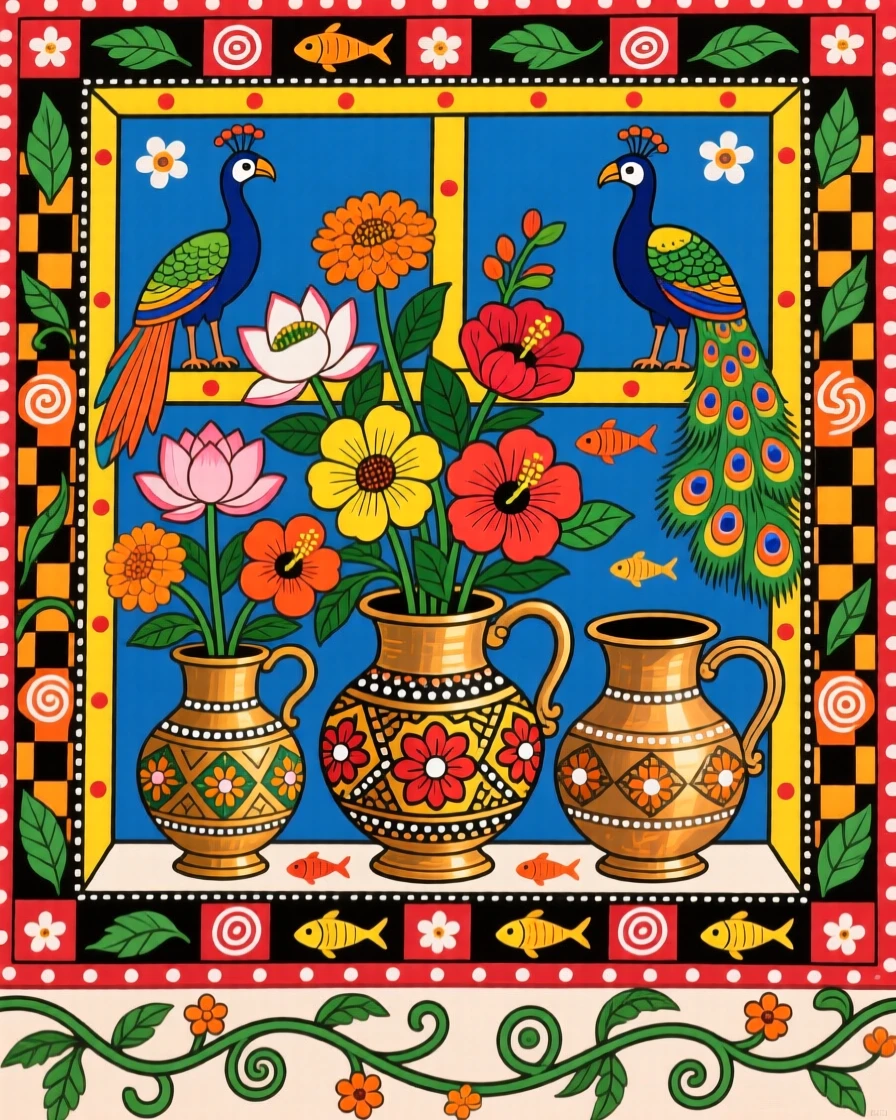 A still life of brass vessels and fresh flowers on a windowsill.