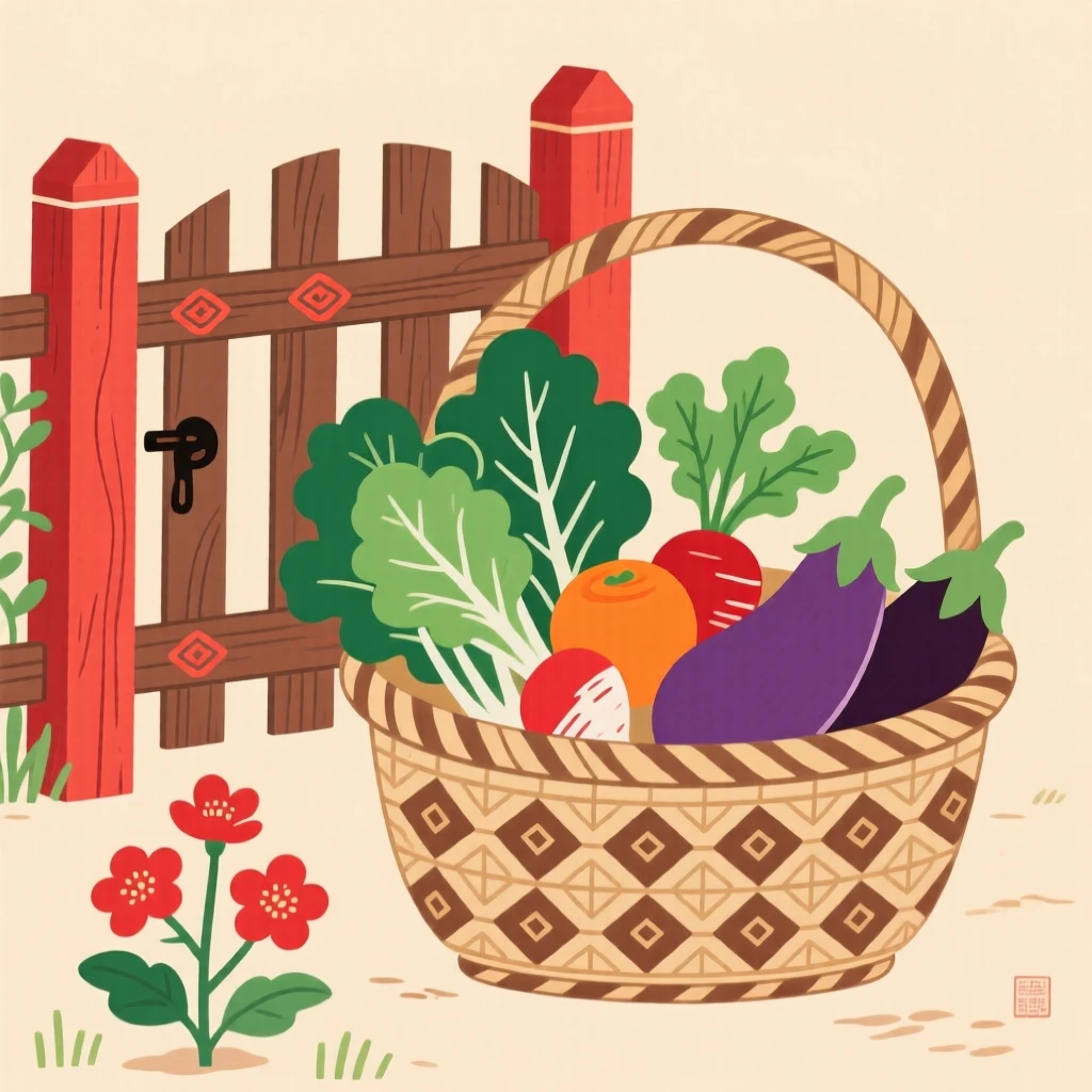 A basket of fresh vegetables just harvested, resting beside a garden gate.