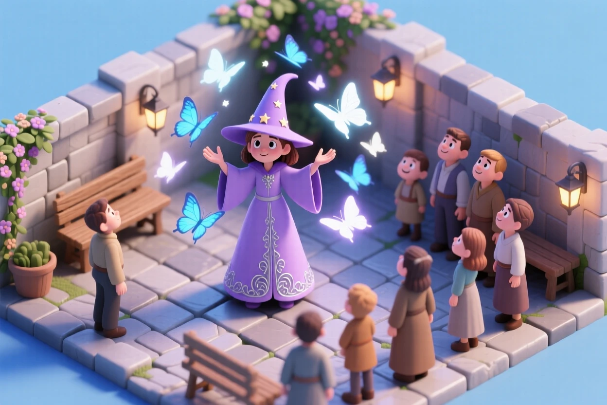 A young sorceress summoning a storm of glowing butterflies in a courtyard filled with awestruck onlookers.