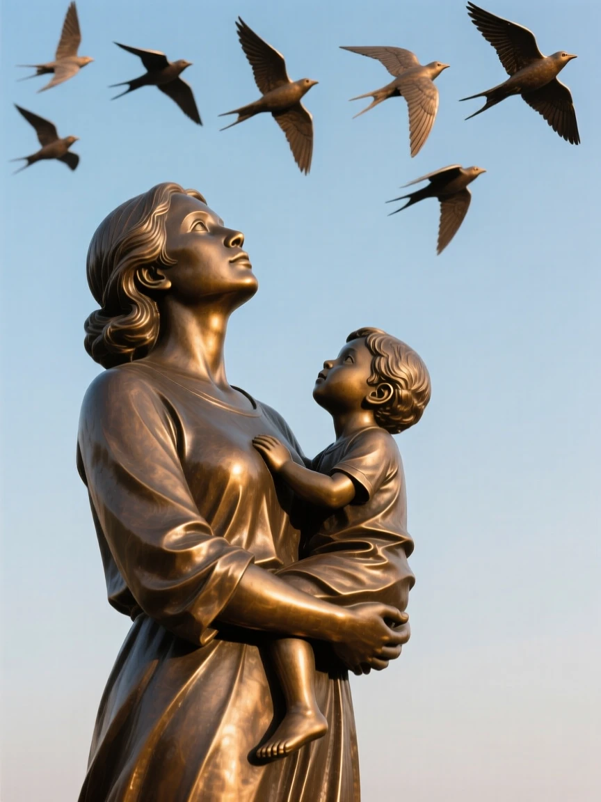A mother and child watching migrating birds fly overhead, with a serene, contemplative gaze, forming a strong central focal point