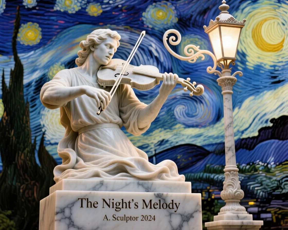 A vivid, emotionally rich scene of a violin player performing beneath a streetlamp, under a brilliant, colorful sky, designed to captivate and inspire
